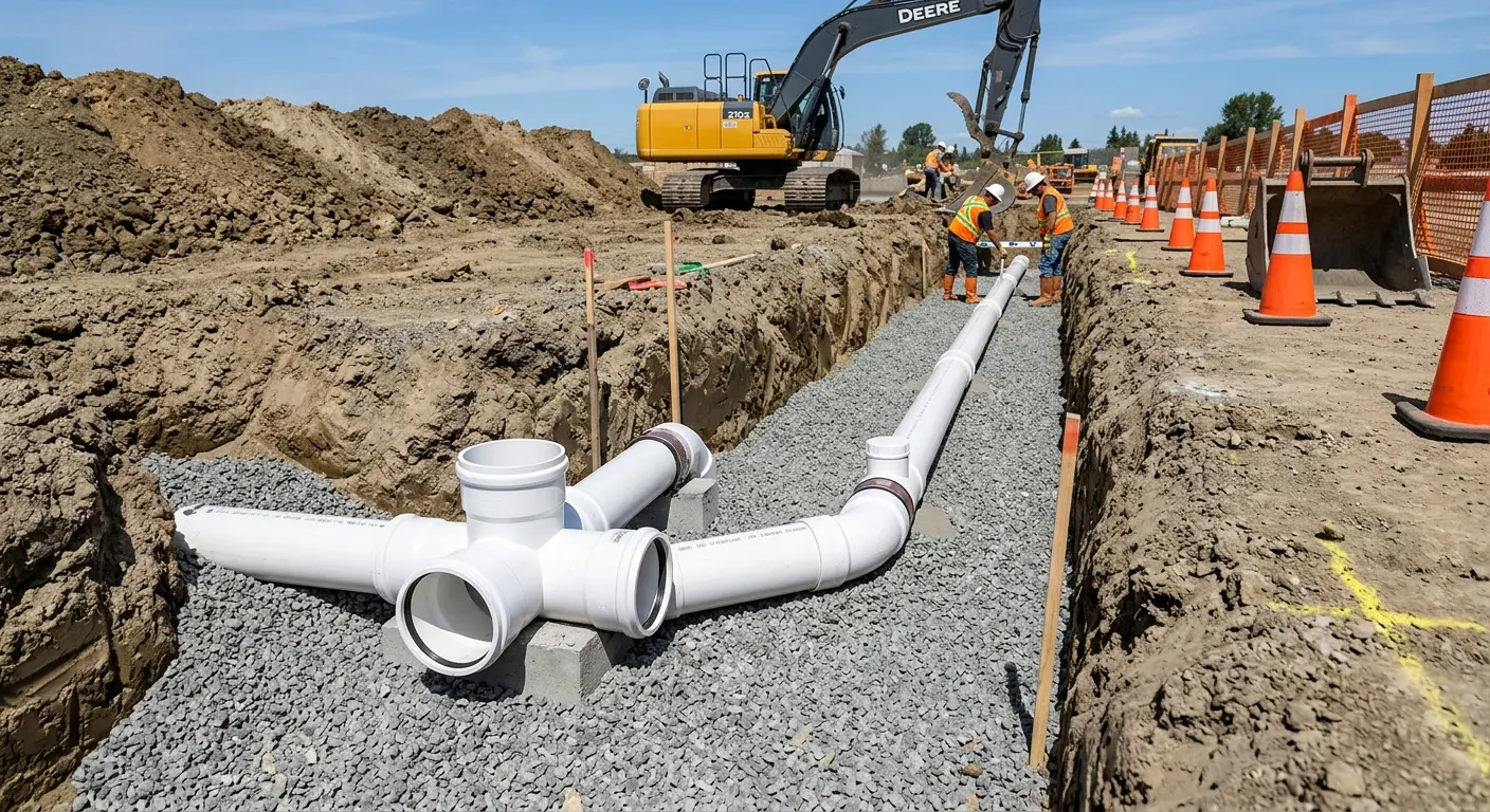 New PVC sewer pipe installation in open trench for Sewer Backup in Kahaluu