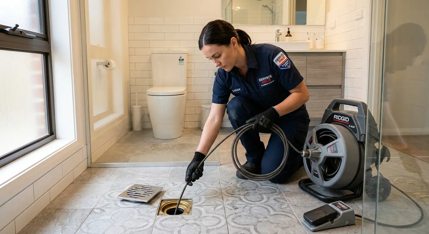 Technician clearing a bathroom floor drain for Drain Cleaning in Kahaluu